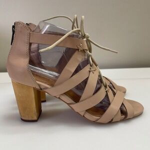 Corso Como Gorgi Nude Leather Lace Up Gladiator Wooden Block Heel Sandals 7.5M